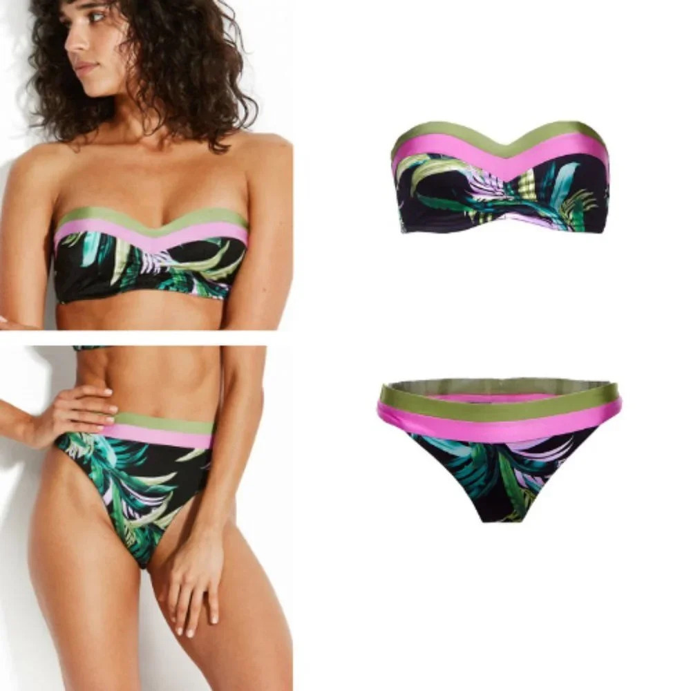 Seafolly Black Tropical Print Bandeau Bikini with Pink and Olive Trim